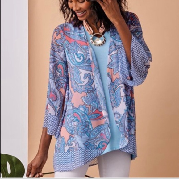Soft Surroundings Sweaters - Soft Surroundings Wonderlust Topper Kimono Cardigan Paisley Purple Blue Size L
